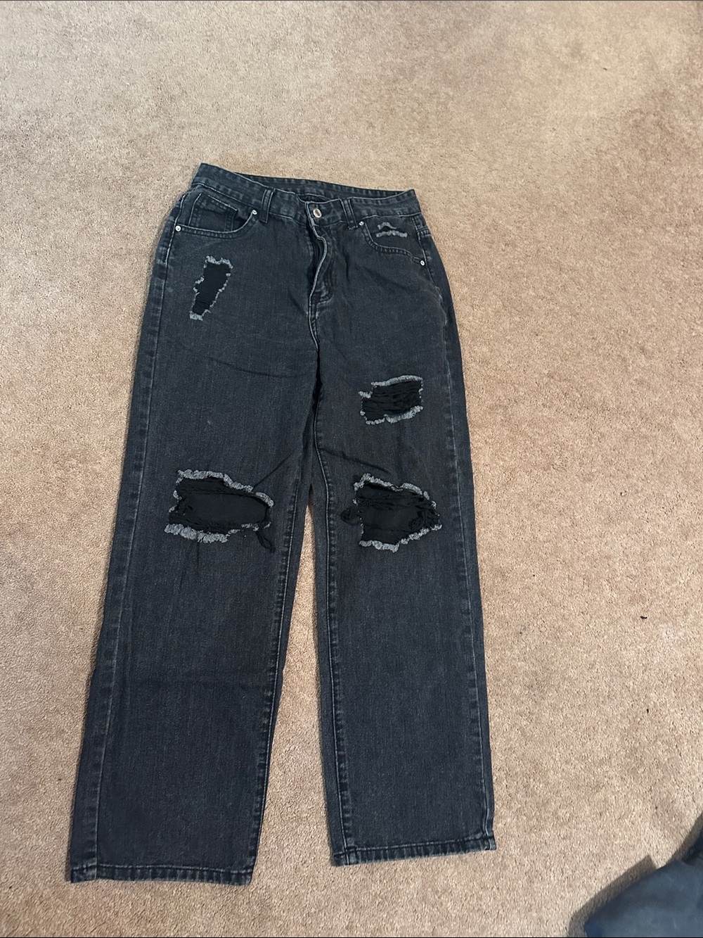 Black Distressed Ripped Straight-Leg Jeans